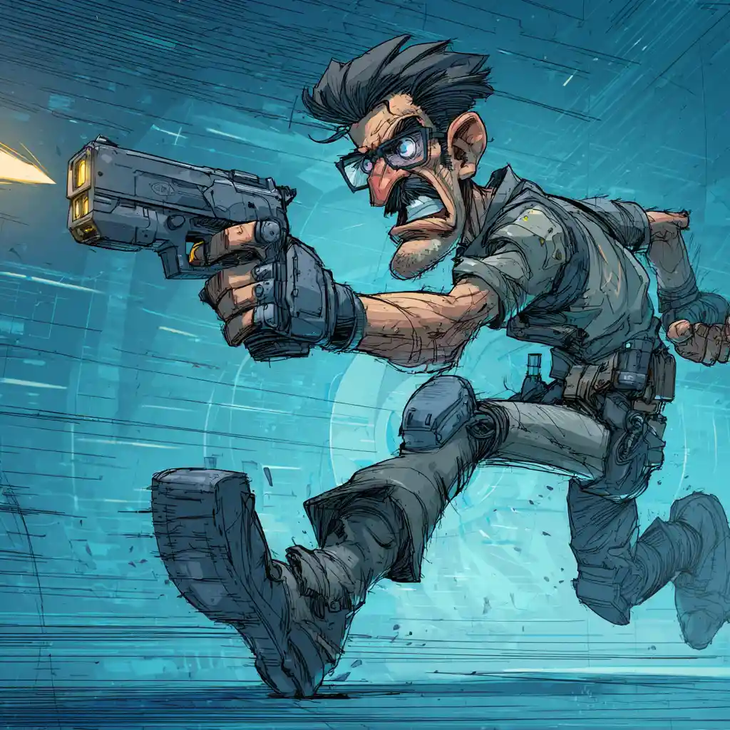 Cyberpunk cyborg aiming a handgun in a dynamic pose