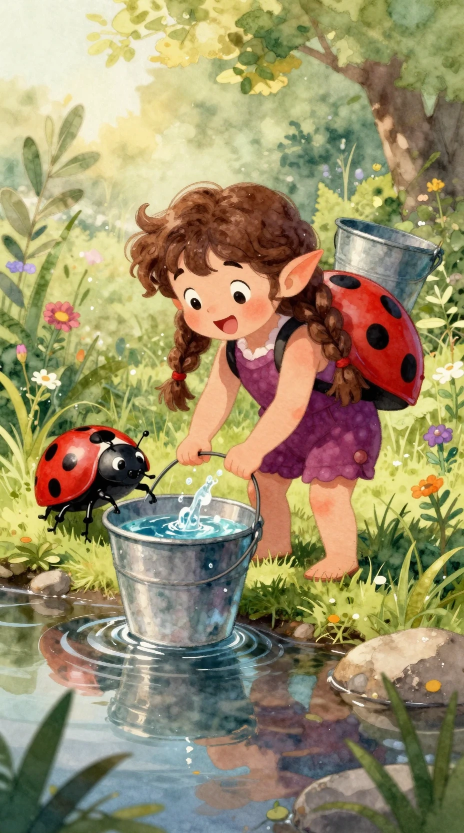 Chica elfa llenando un cubo junto a un arroyo soleado del bosque
