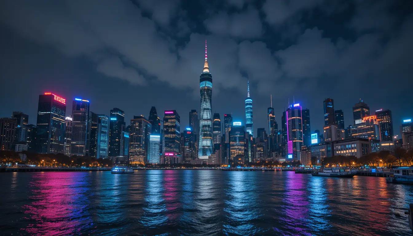 Vibrant night skyline over a riverfront cityscape