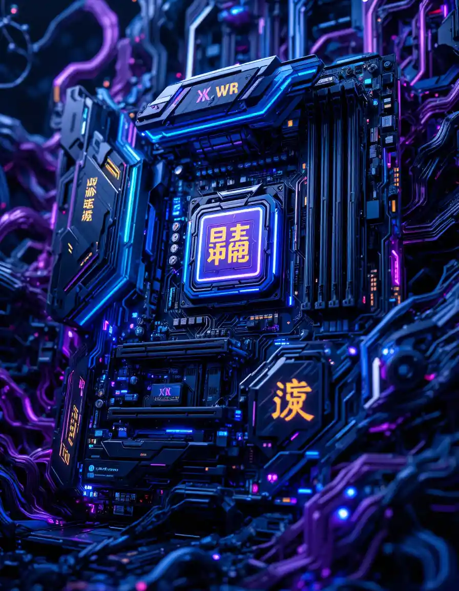 Scheda madre futuristica in primo piano con circuiti al neon e kanji