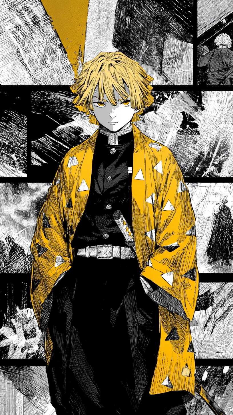 Intense anime swordsman in yellow haori with dramatic shadows