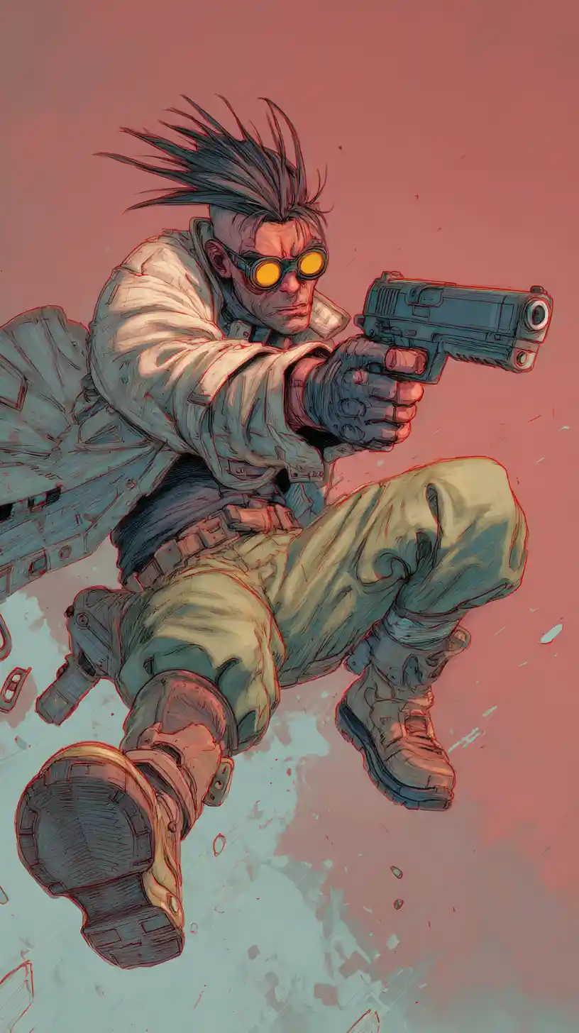 Cyberpunk cyborg aiming a handgun in dynamic motion