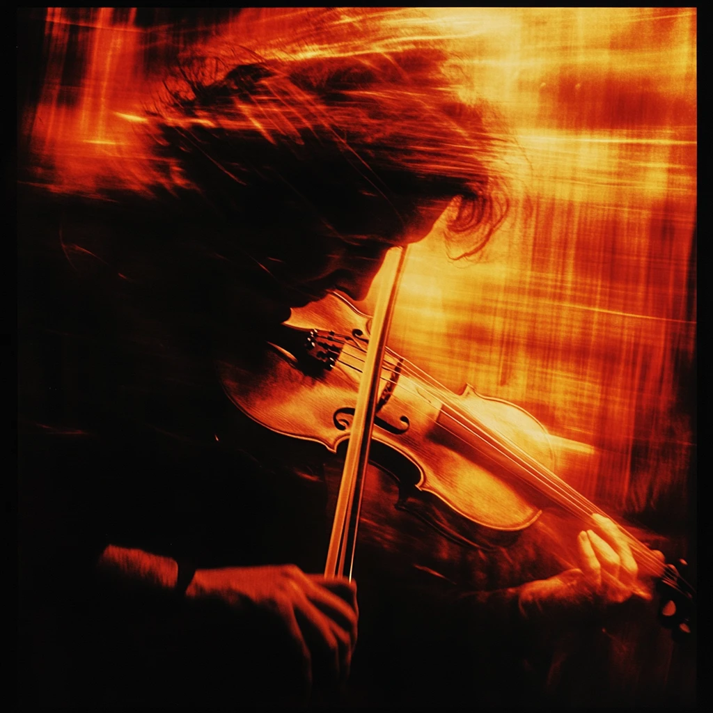 Ilustración de violín dramático inspirada en techno cinematográfico