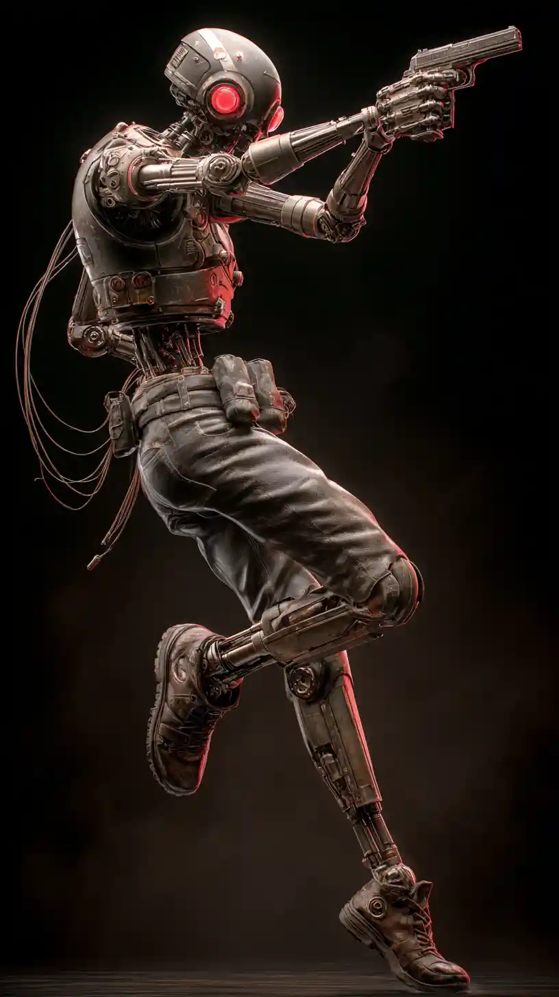 Cyborg-Polizist in dynamischer Pose mit Handfeuerwaffe im 3D-Stil