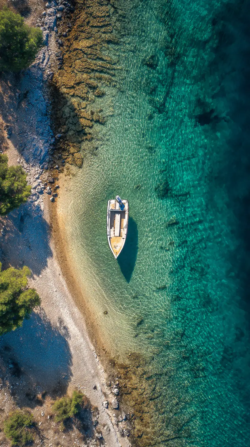 Aerial view of serene Croatian coastline with small fishing boat
