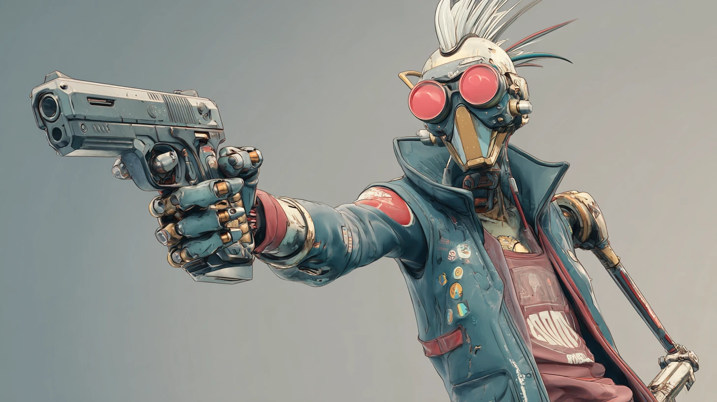 Cyberpunk cyborg aiming a handgun in dynamic 2D action