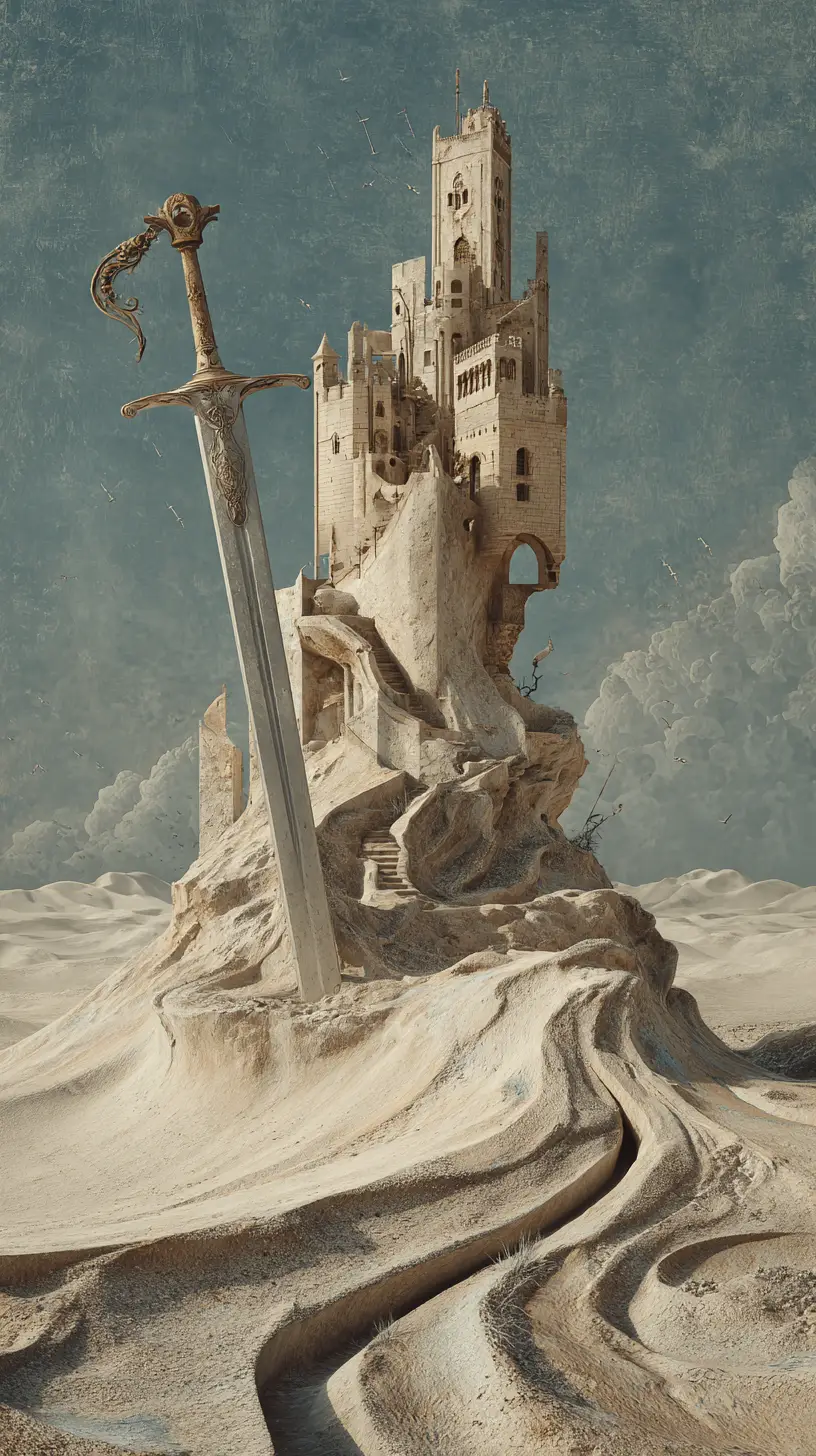Warrior holding a sword beside a fragile sand castle