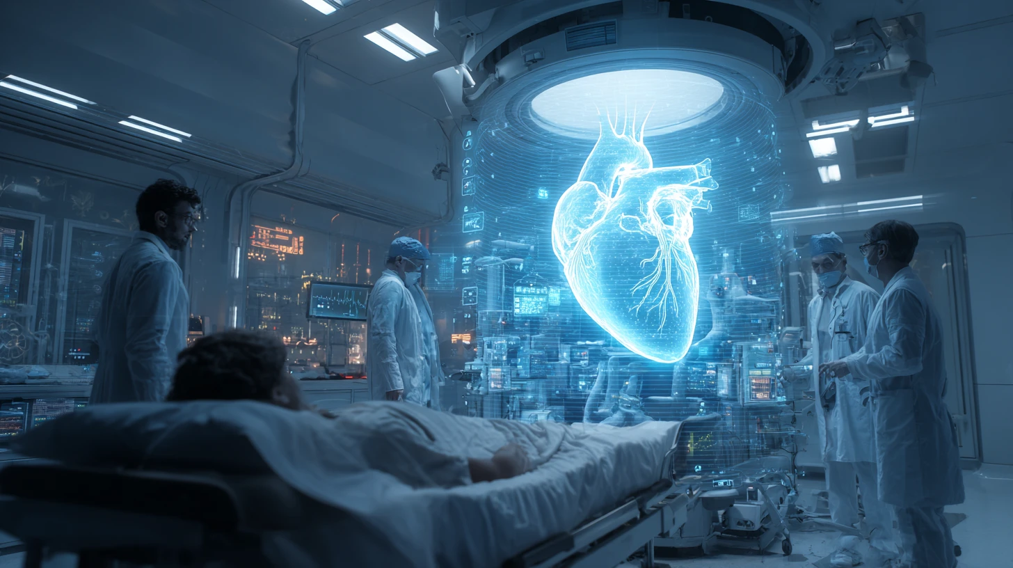 Futuristic hospital room with holographic patient heart display