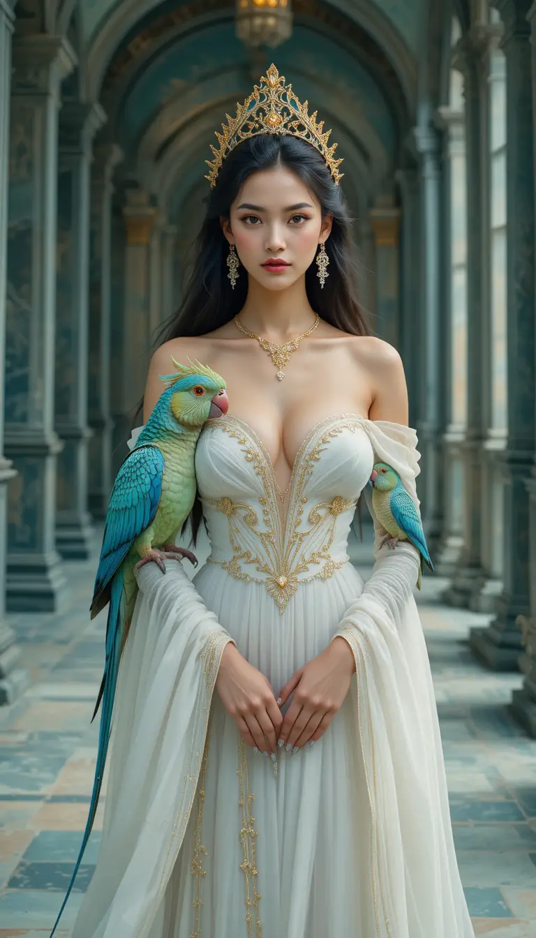 Regal woman in white gown with golden jewelry and dragons