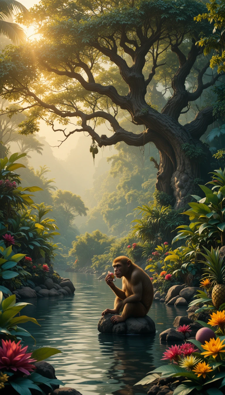 Playful monkey under a lush jungle canopy by the river
