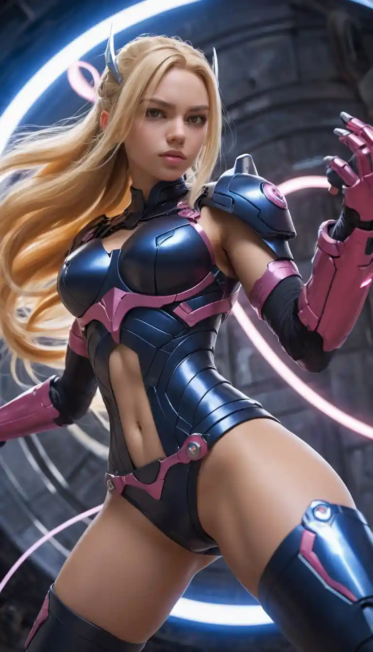 Cyborg anime woman wielding thunder in neon city