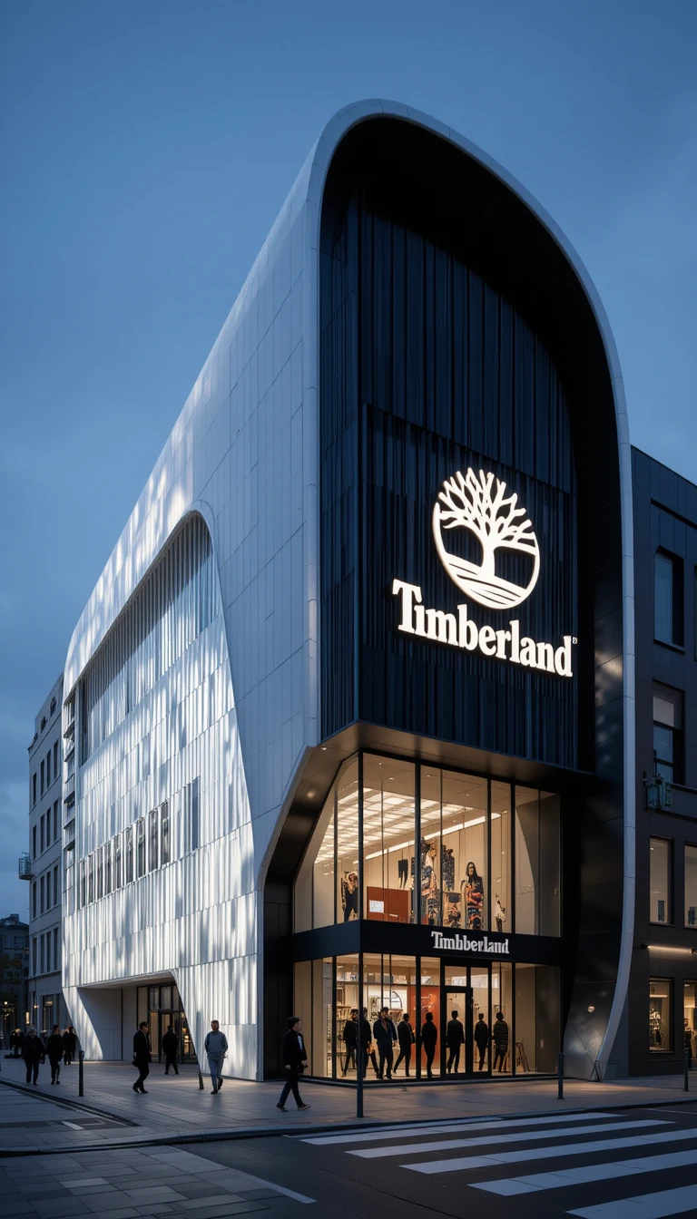 Futuristic timberland flagship building with sleek illuminated facade