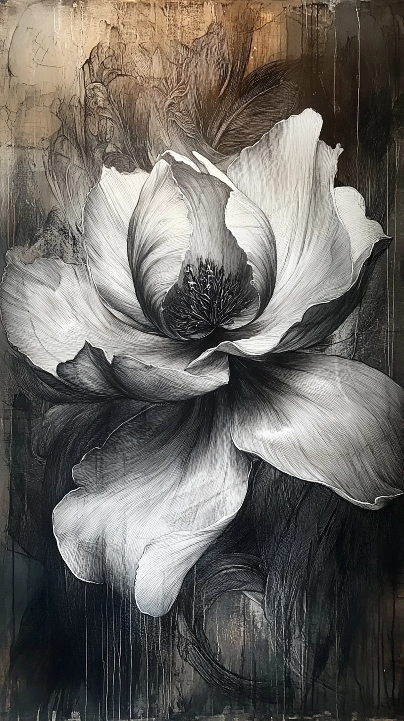 Abstract magnolia like flower in mixed media painting