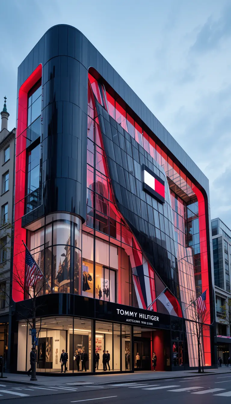 Futuristic flagship building with bold illuminated facade design