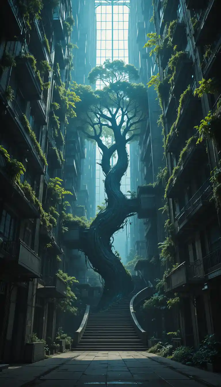 Futuristischer Stadtturm mit riesigem Baum und Steinplatz