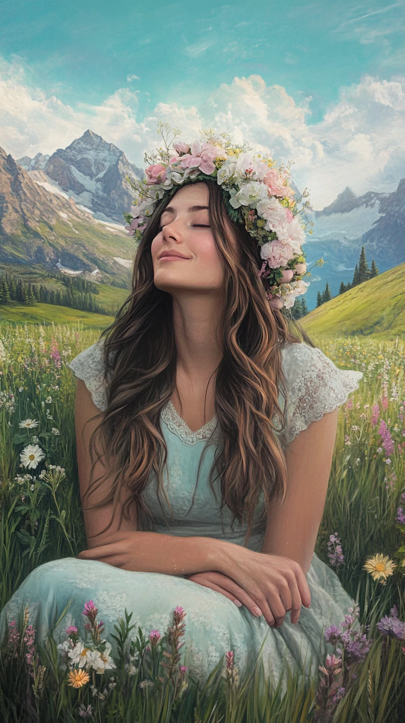 Joyful woman in an Easter bonnet in a mountain meadow