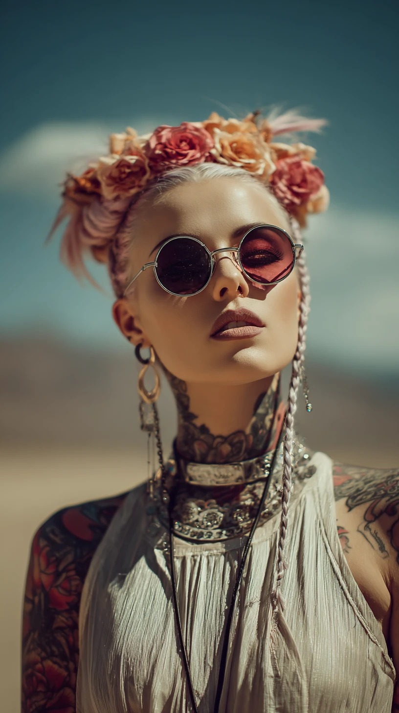 Surreal tattooed woman in a Coachella inspired festival outfit