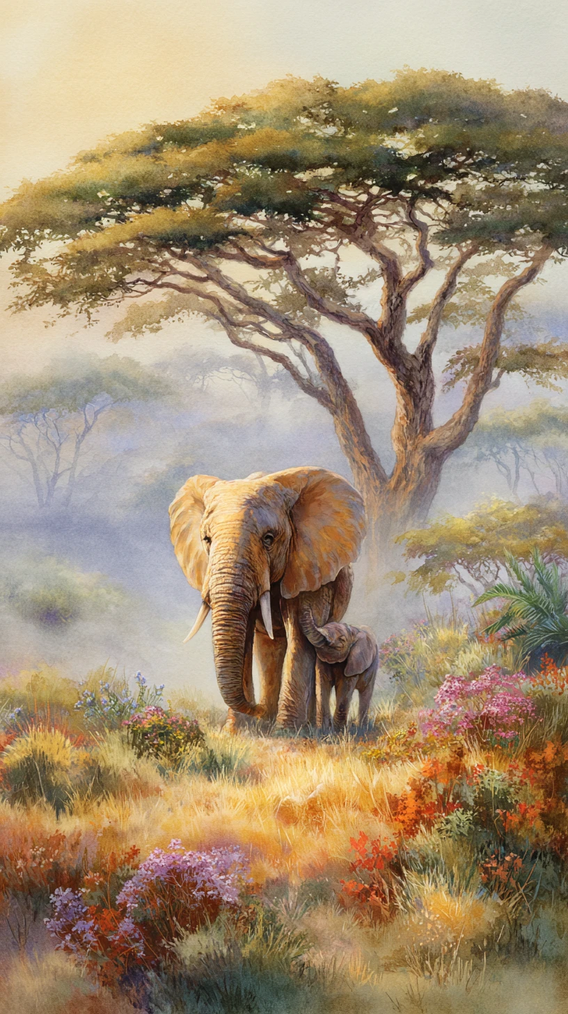 Elephant mother and calf under a sunlit savanna tree