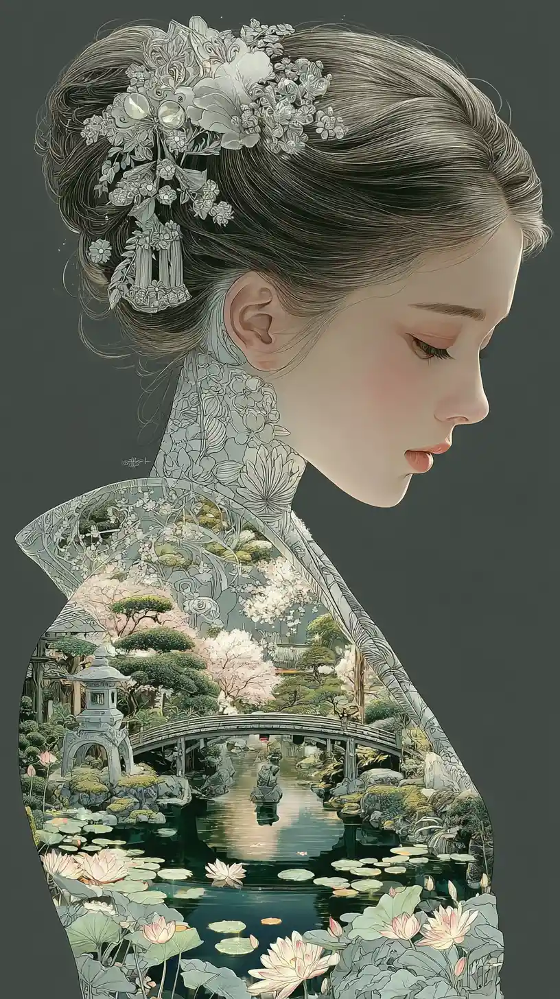 Serene Japanese woman in kimono with inner garden landscape