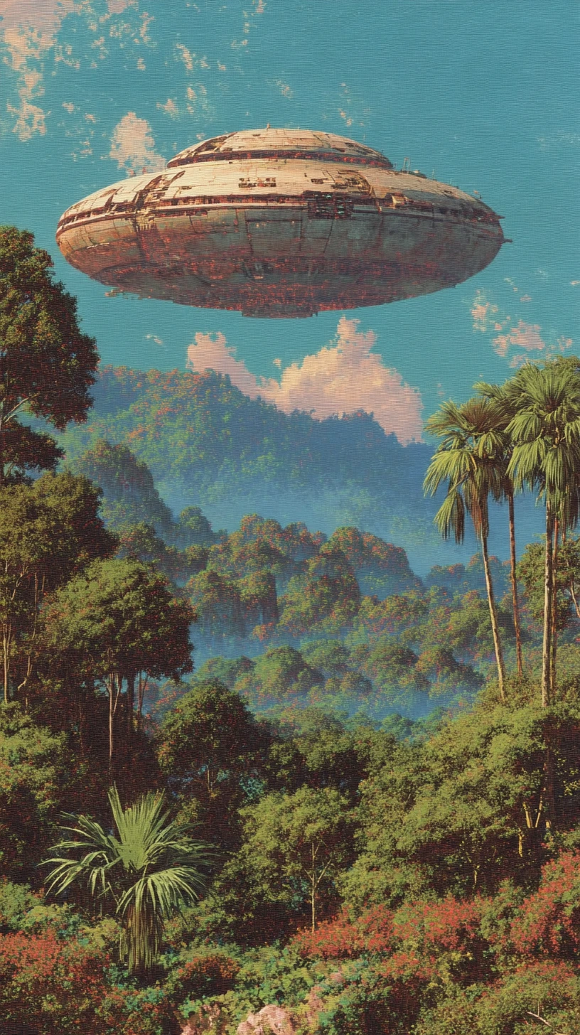 OVNI futurista sobre paisaje de bosque frondoso de noche