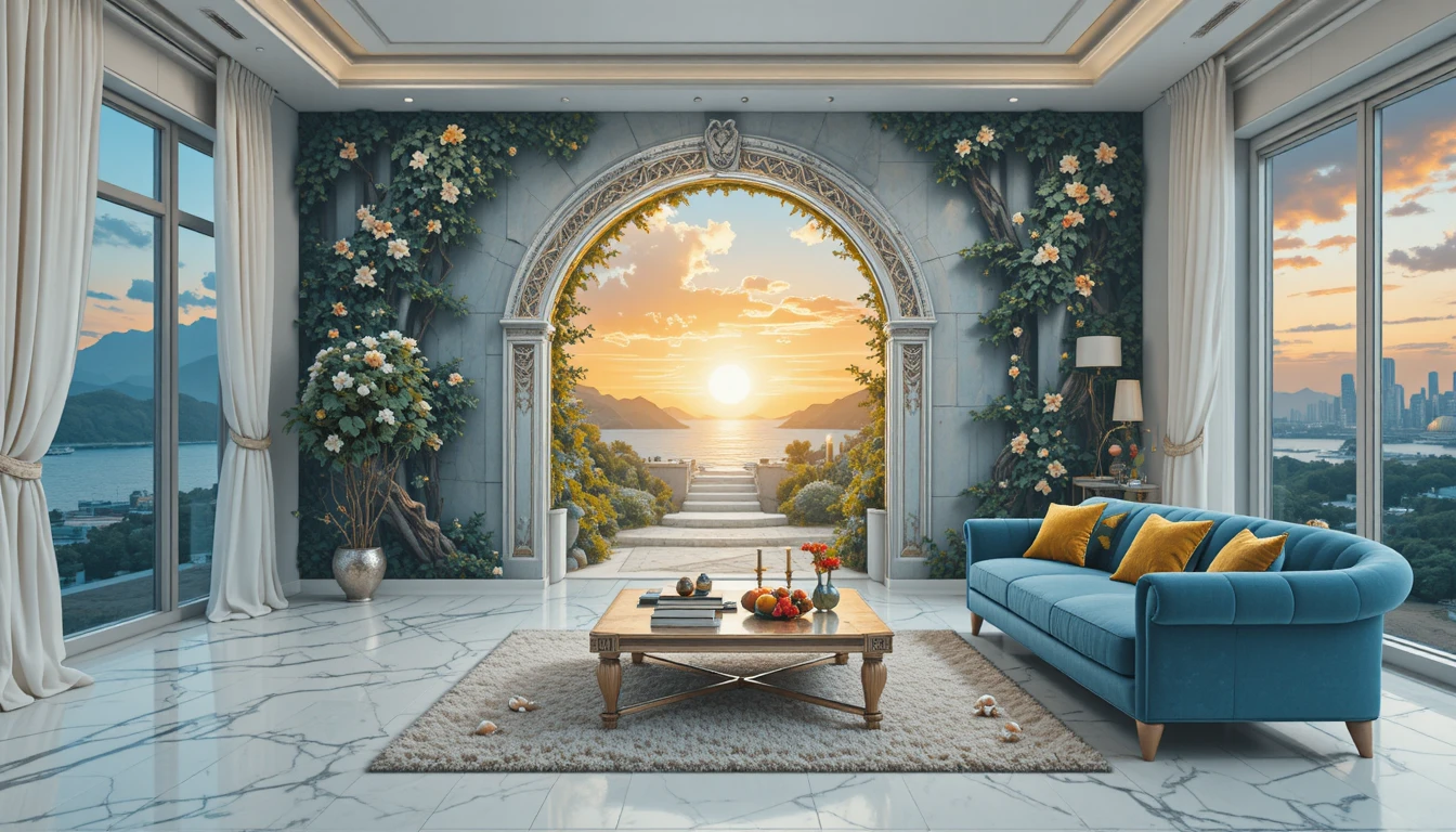 Surreal utopian city living room with portal and storms