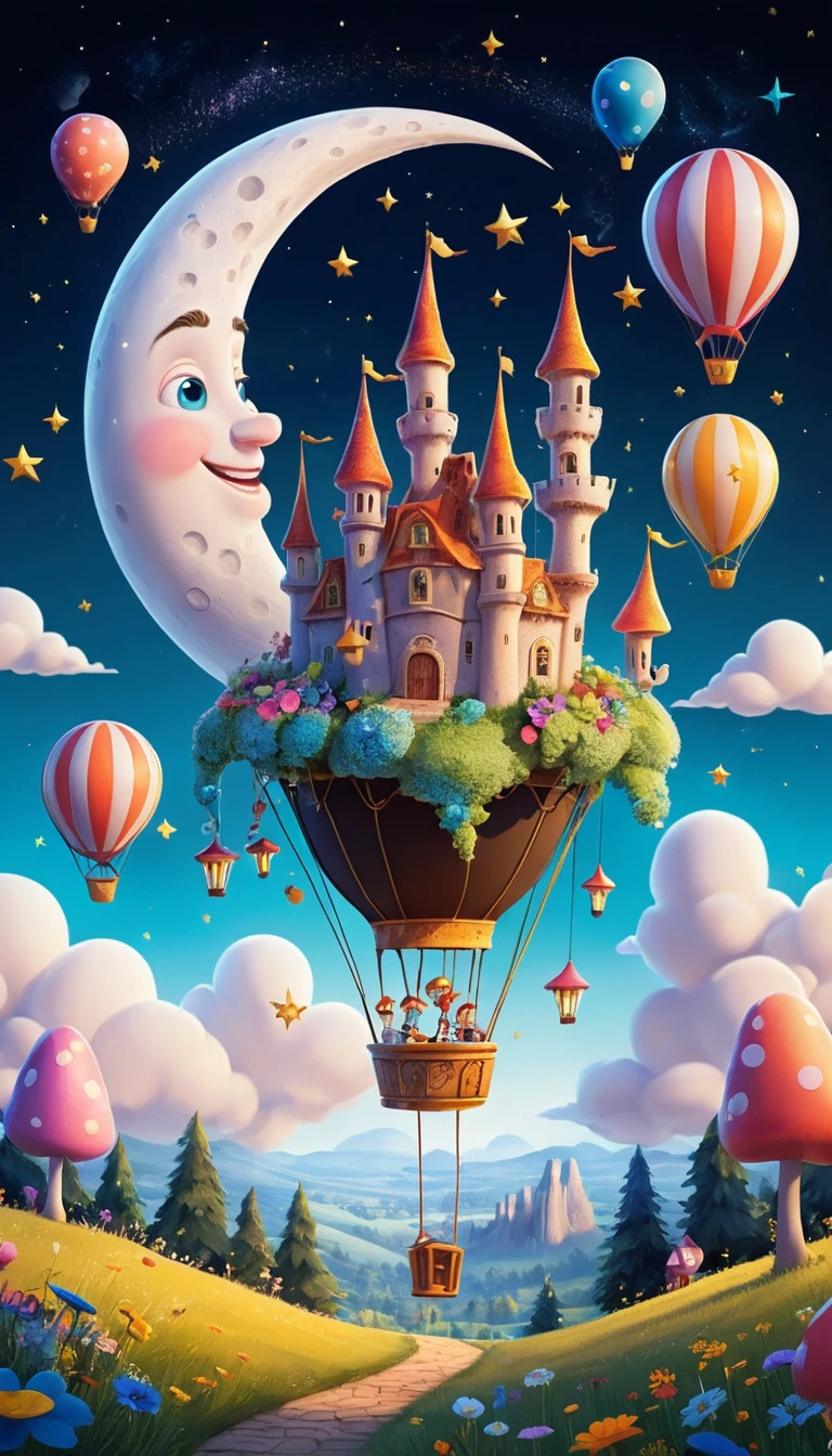 Smiling Moon Above A Colorful Magical Fantasy Castle