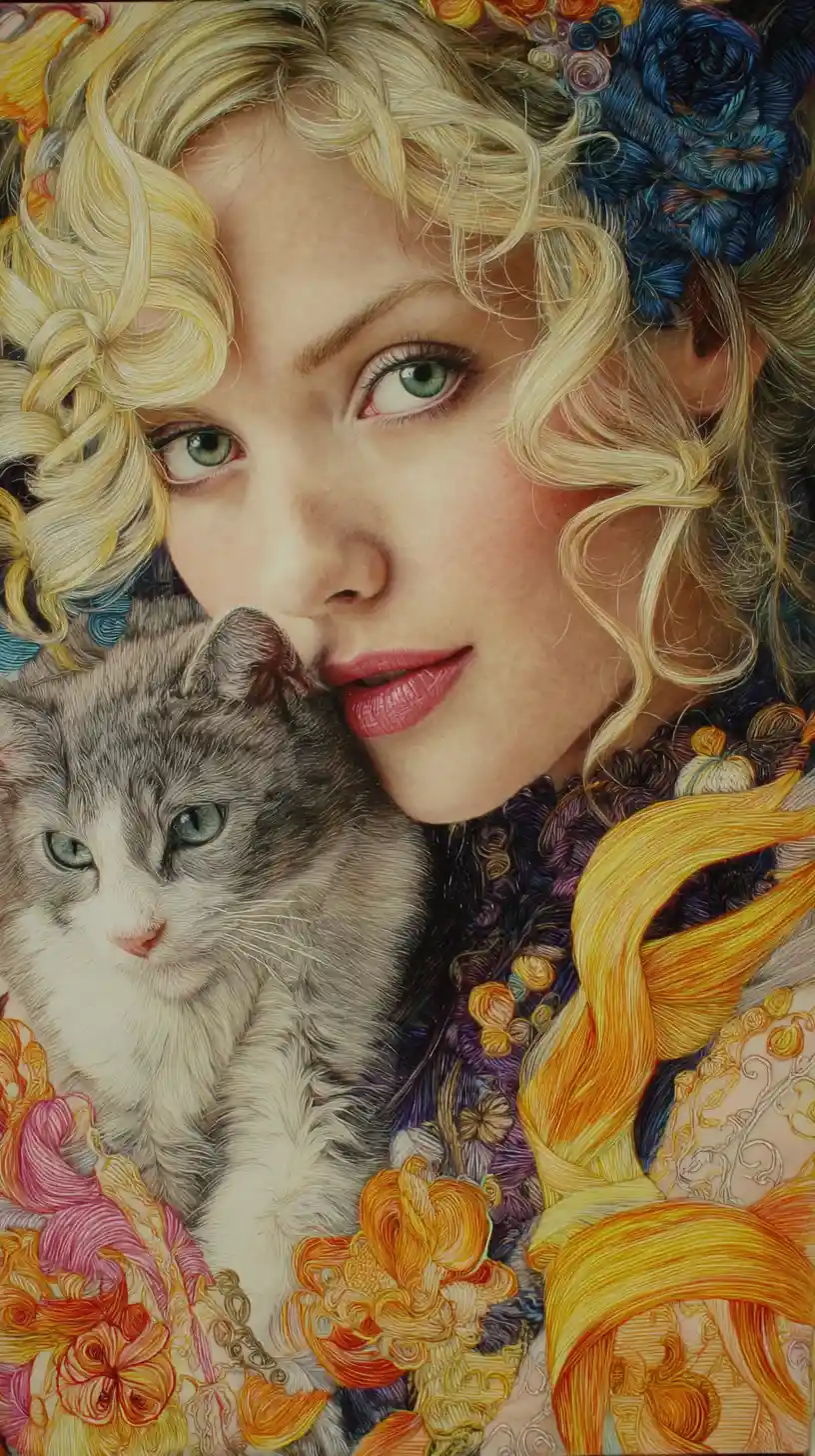 Young woman and cat emerging from glowing cosmic light