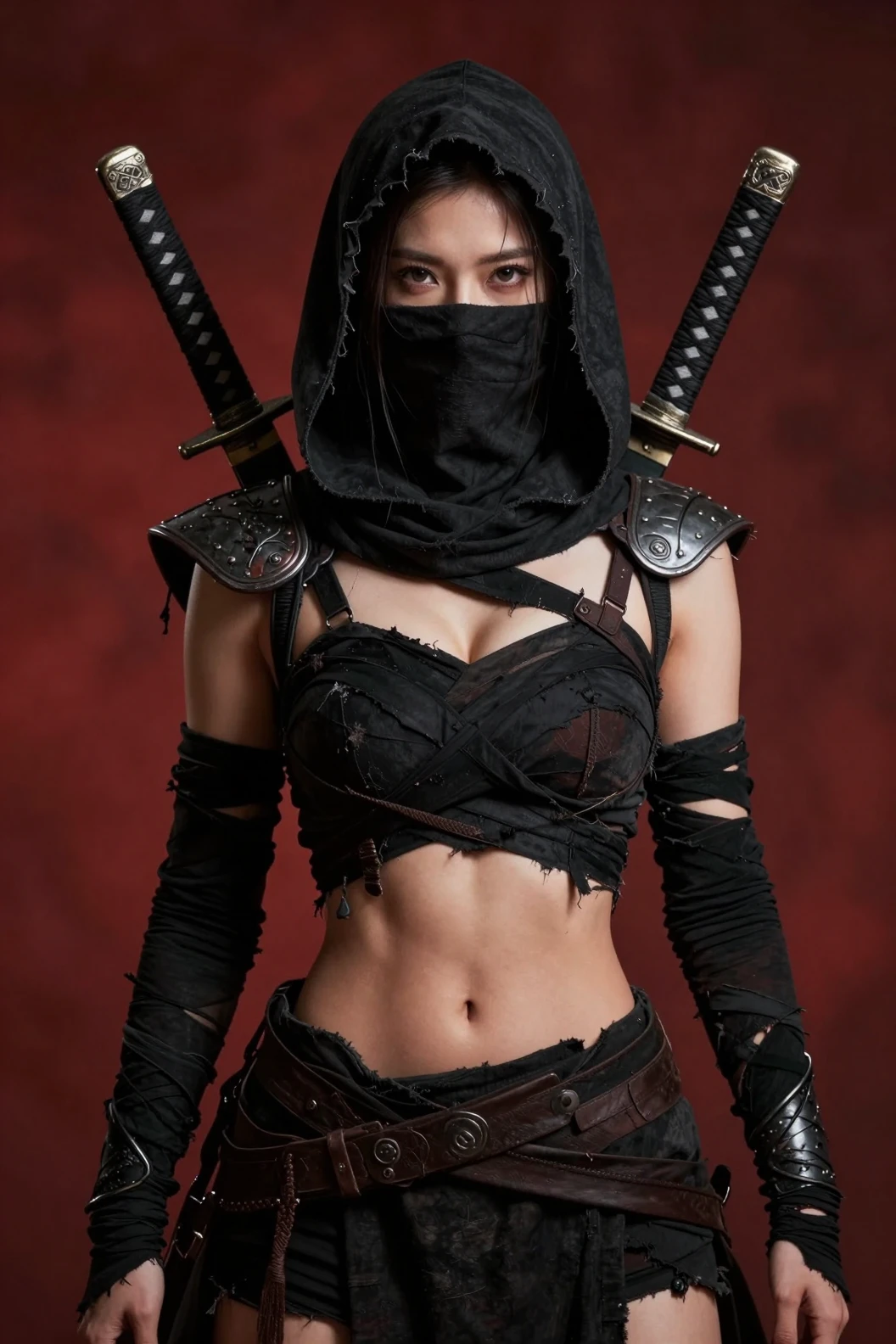 Hooded Desert Warrior Woman In Black Bandage Armor