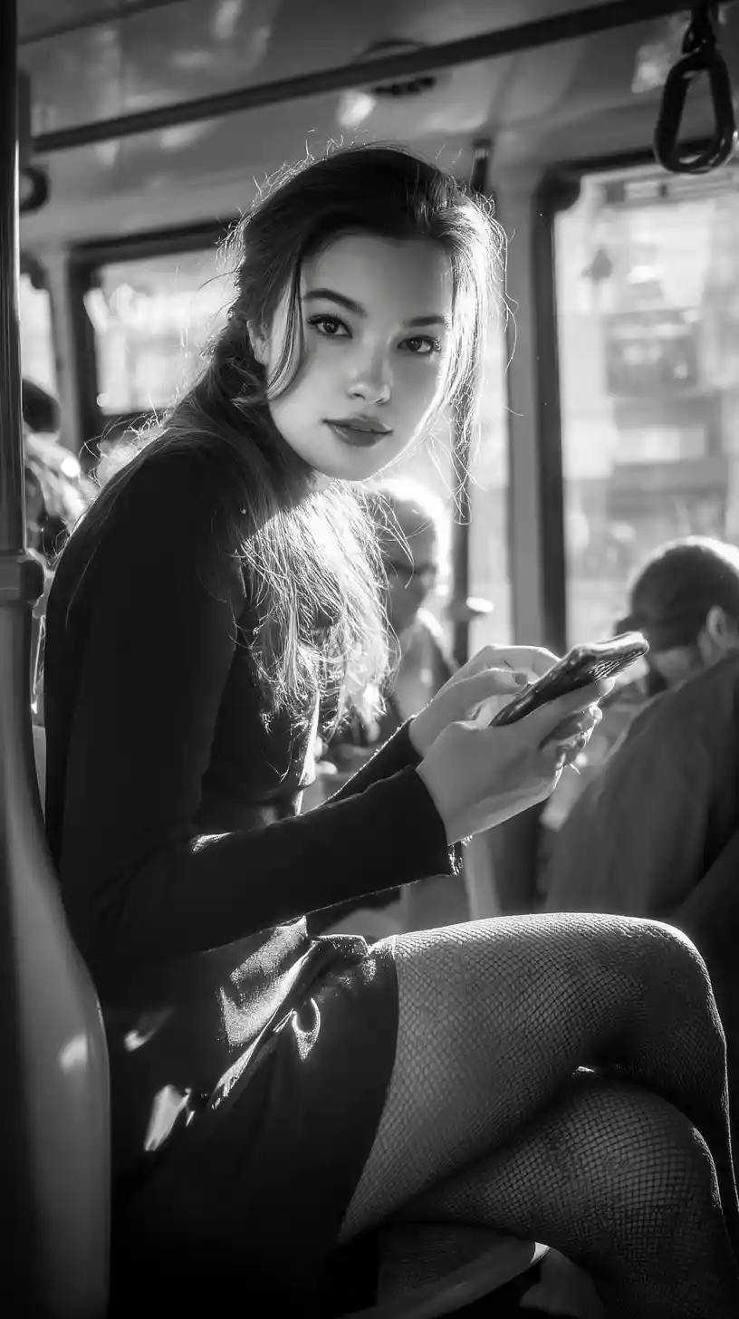 Asiatische Frau im Morgenbus im weichen Sonnenlicht