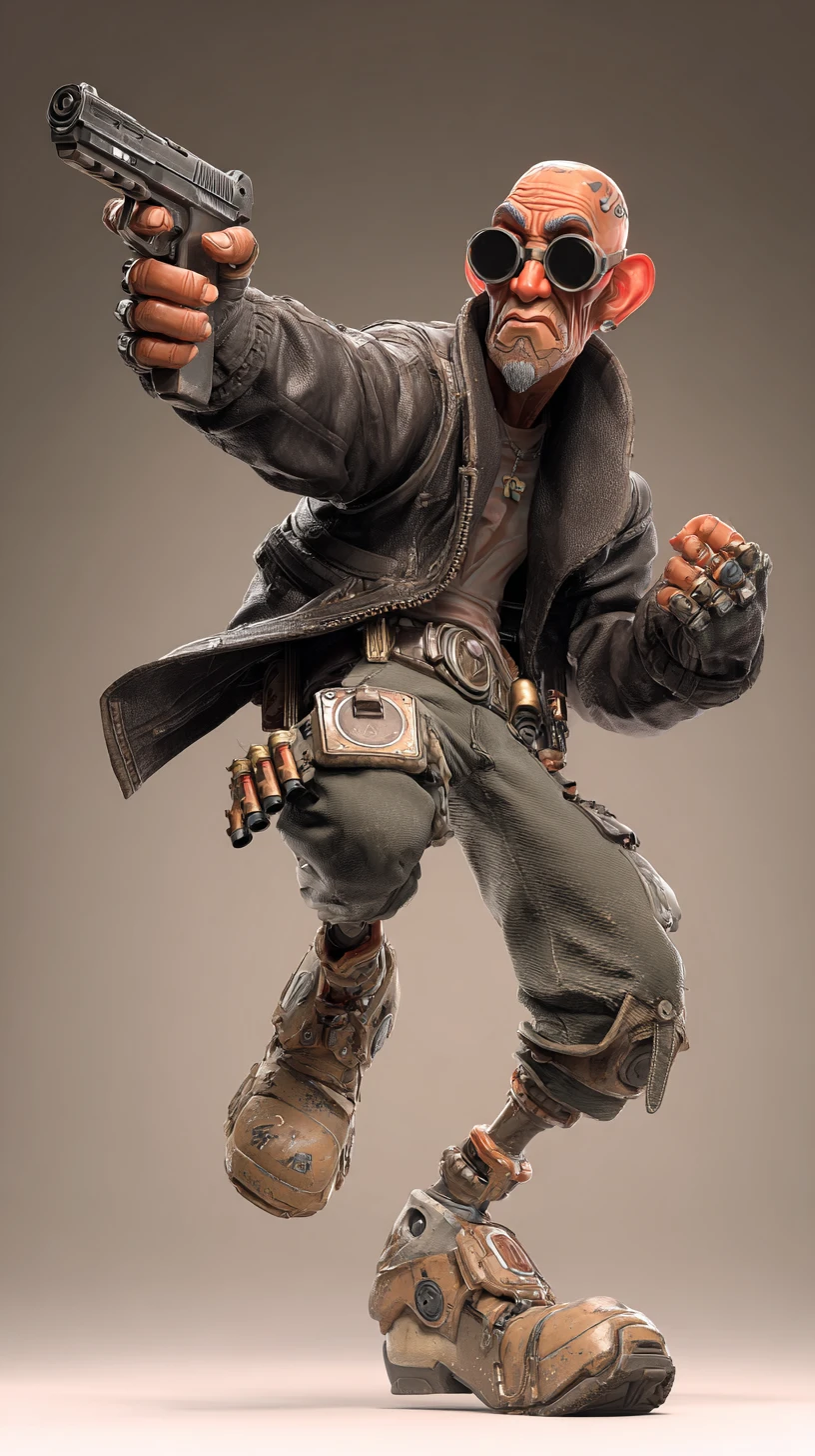 Cyberpunk cyborg hero aiming a handgun in action pose