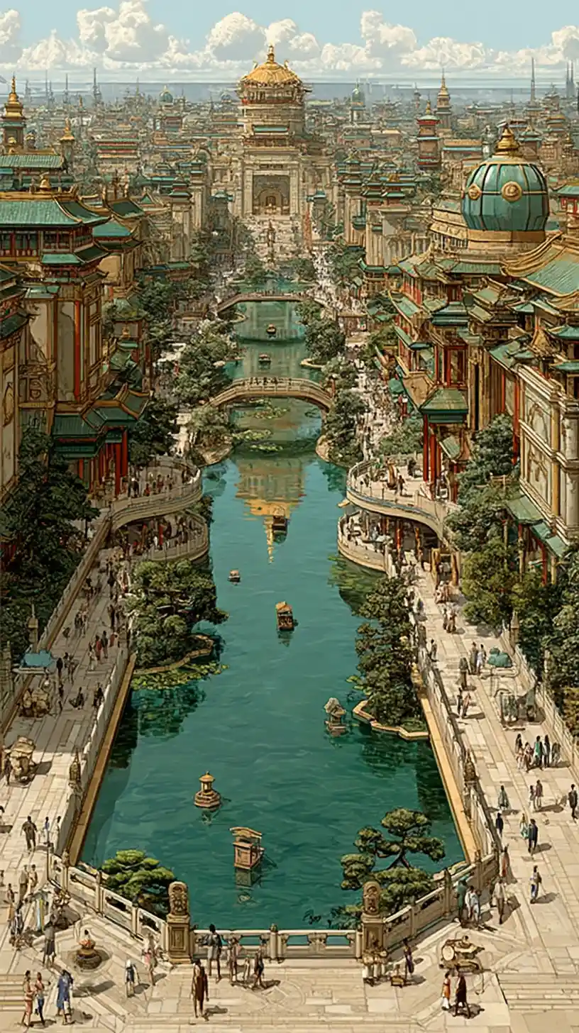 Aerial anime view of ancient tang dynasty chang an