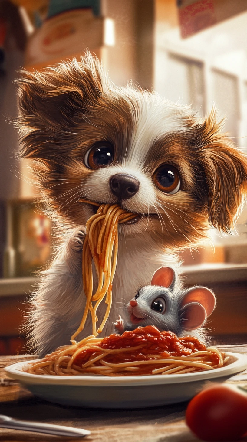 Cute puppy and mouse sharing spaghetti in magical kitchen