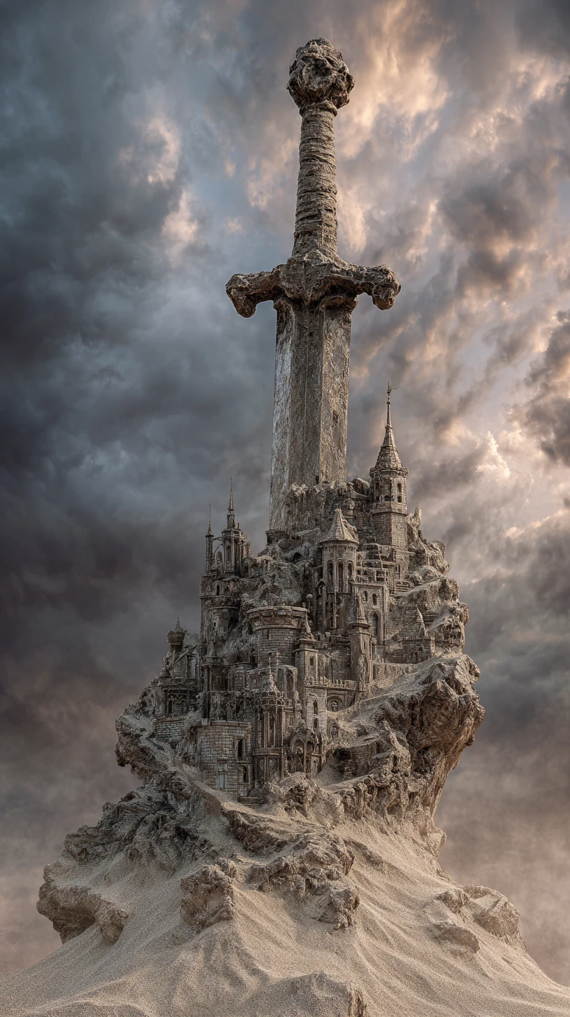 Man holding a sword beside a fragile sand castle