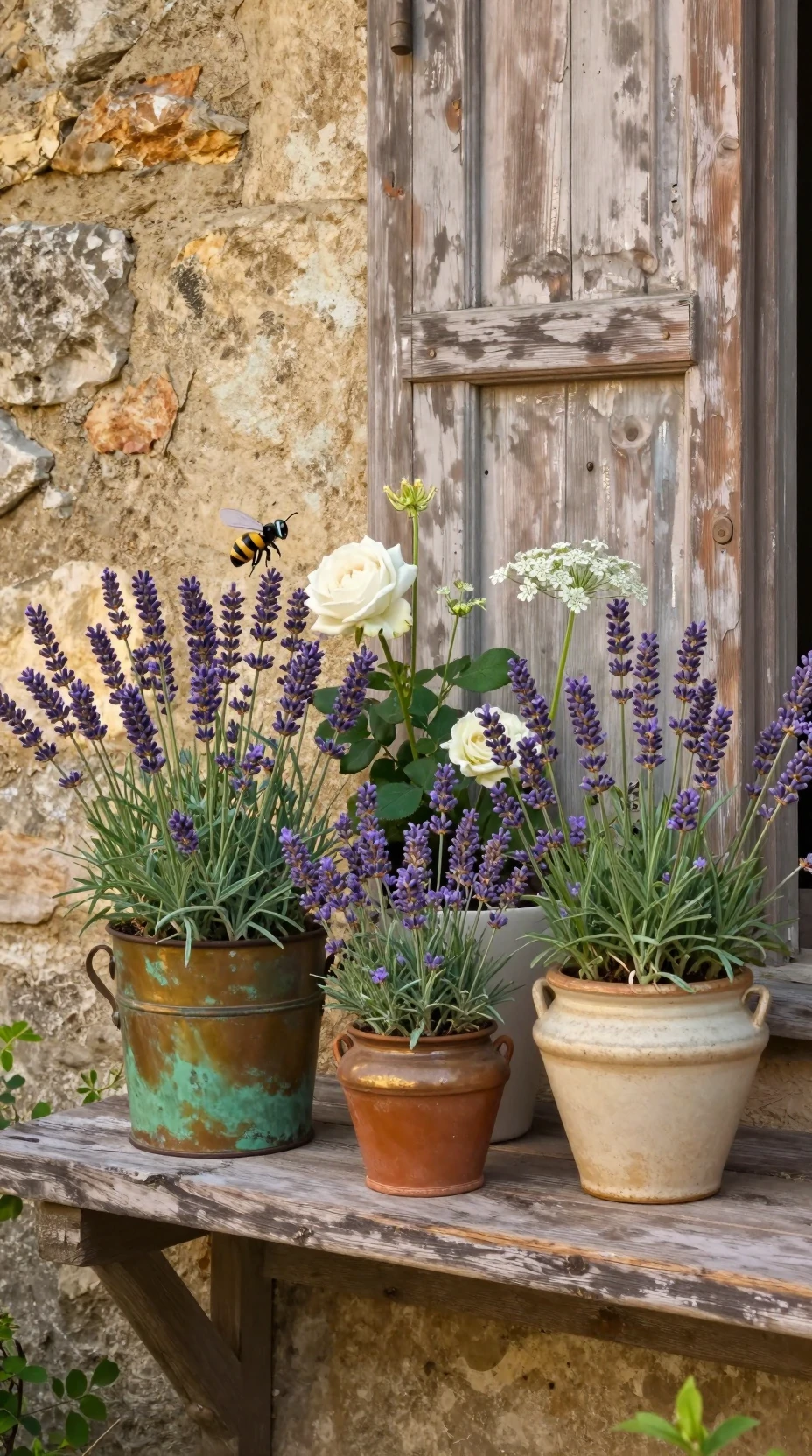 Romantic floral pots on wooden ledge against stone wall