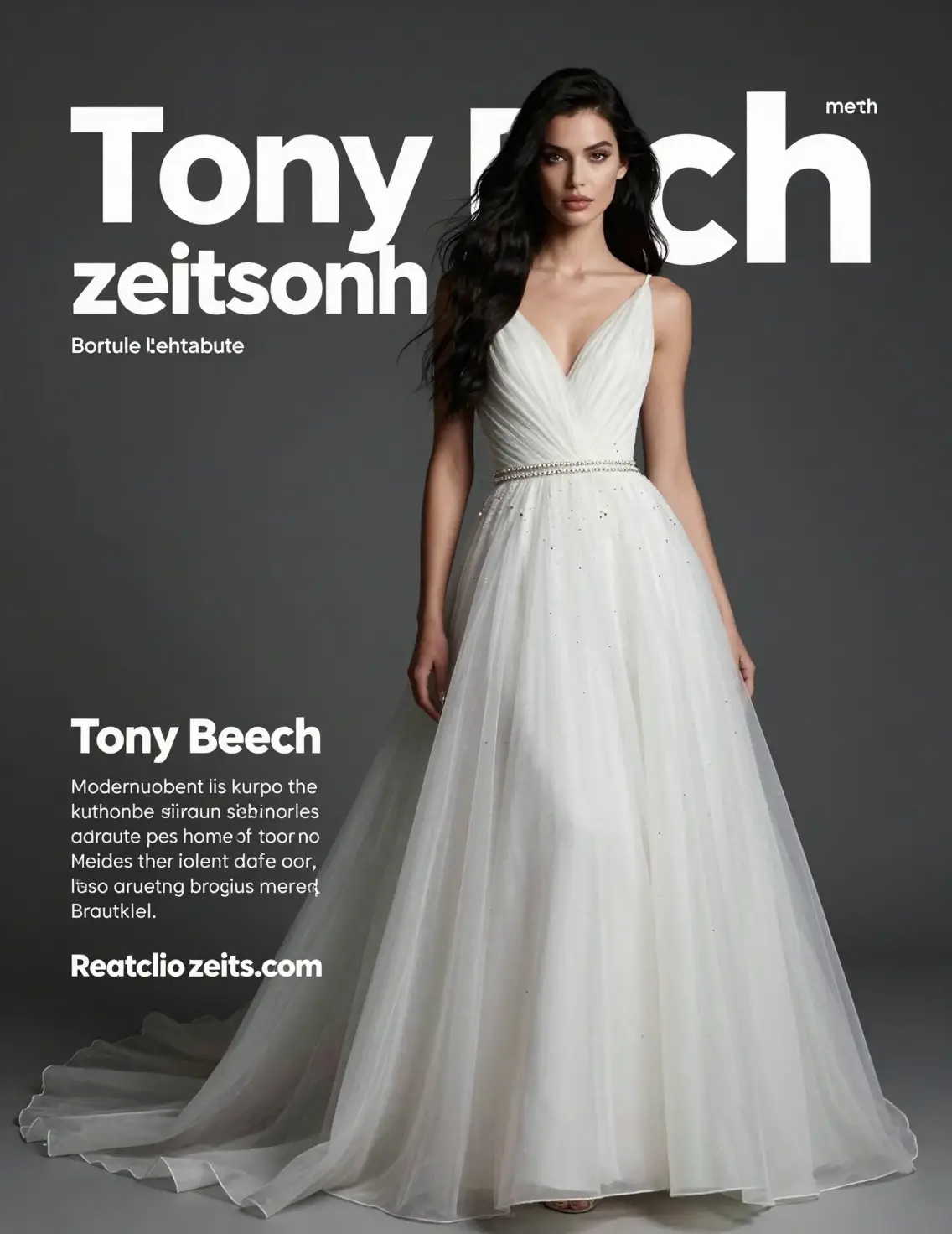 Fashion magazine cover with model in short white wedding dress