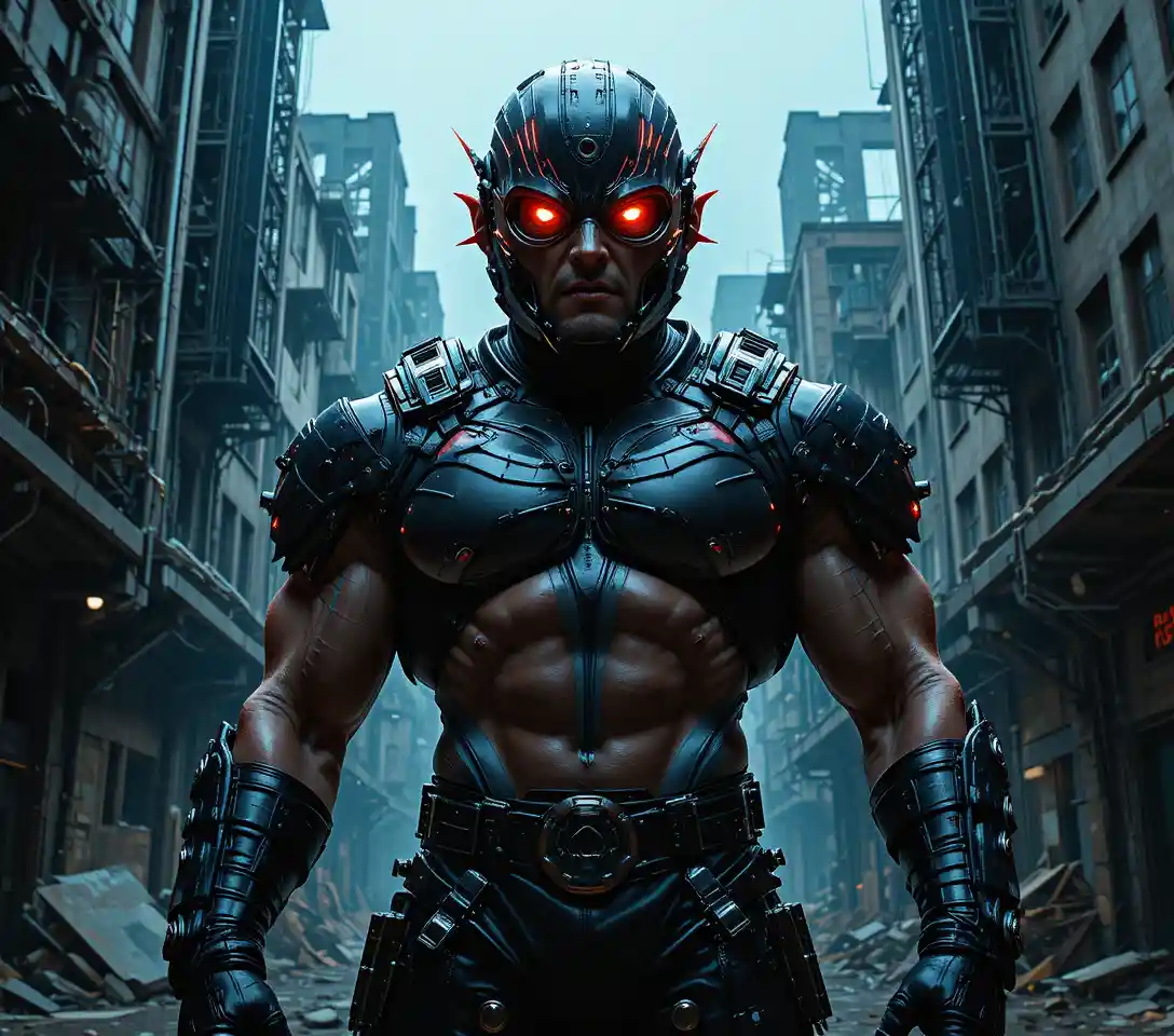 Cyberpunk armored warrior with red glowing eyes in darkness