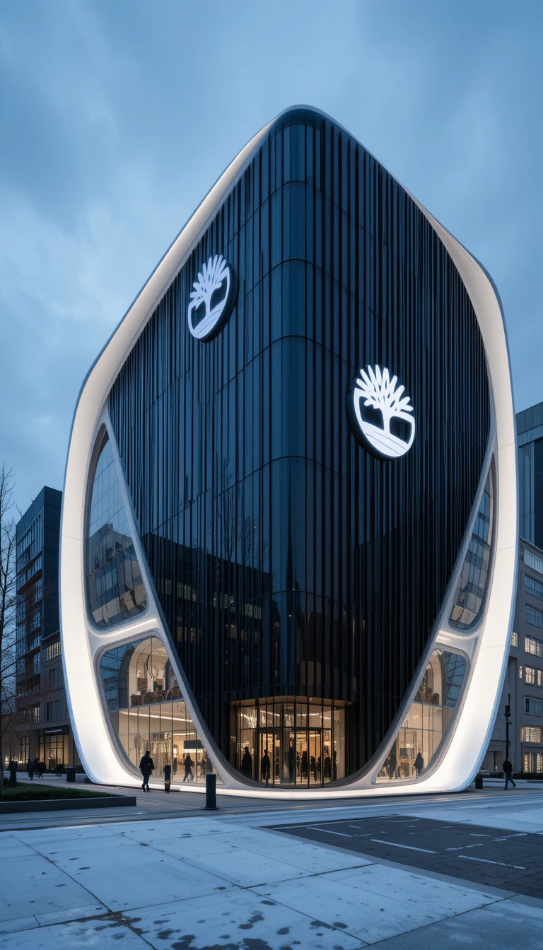 Futuristic timberland flagship store with sleek modern architecture