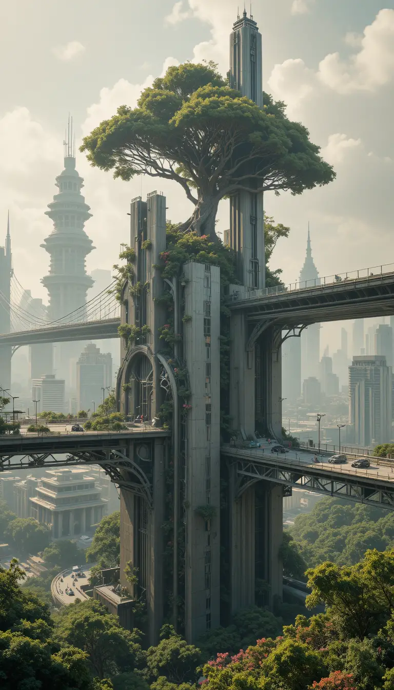 Città solarpunk futuristica con ponti e architettura vivente