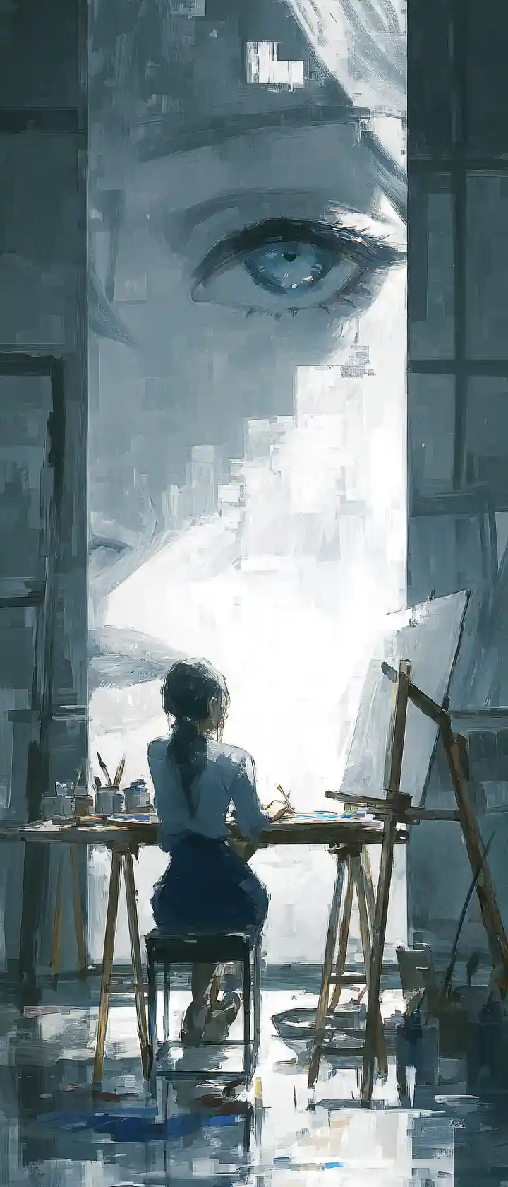 Anime painter watched by her blinking self portrait