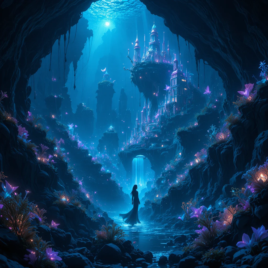 Phosphorescent mermaid above a glowing underwater city