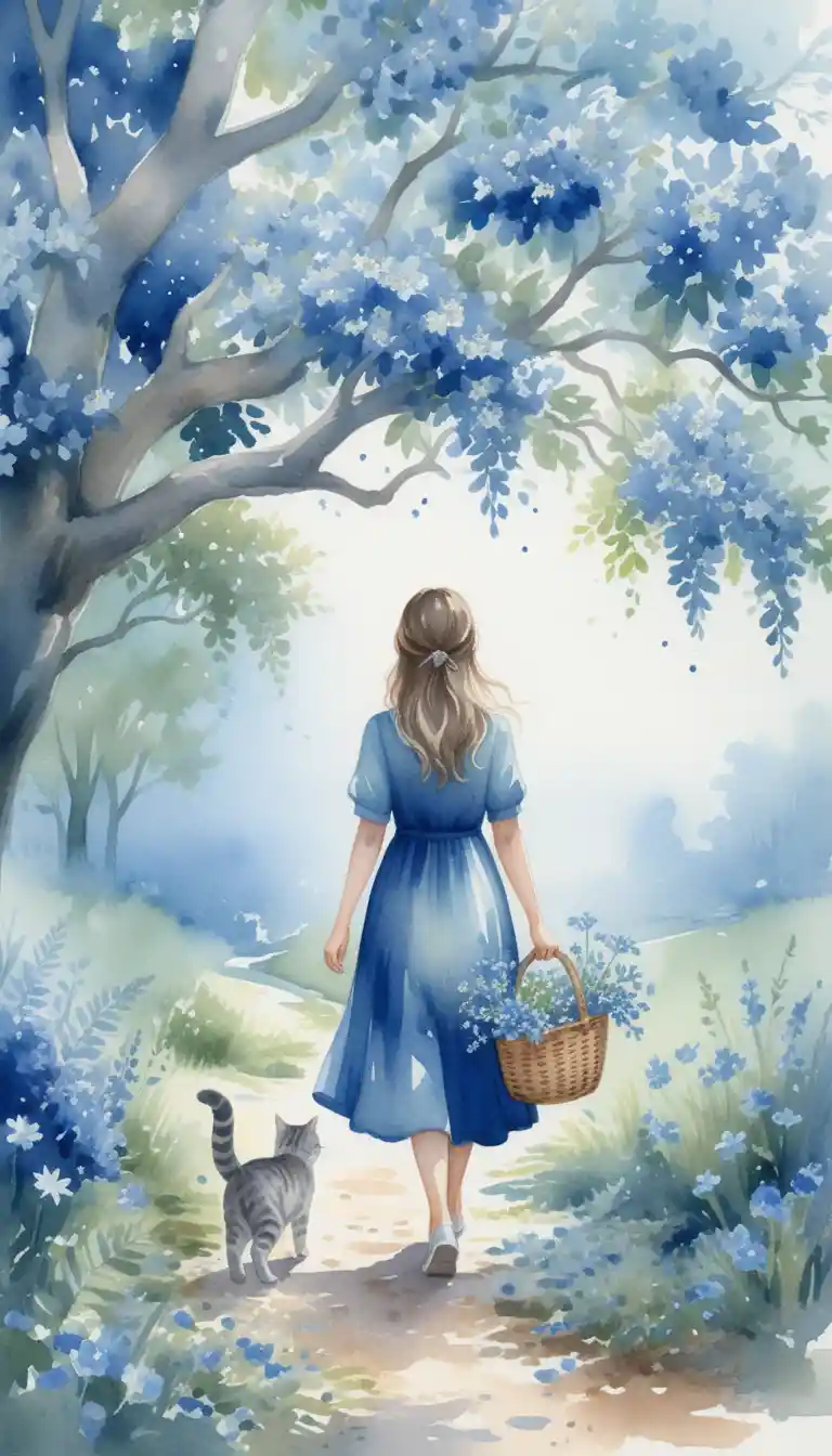 Girl in blue dress walking with cat under flowered tree