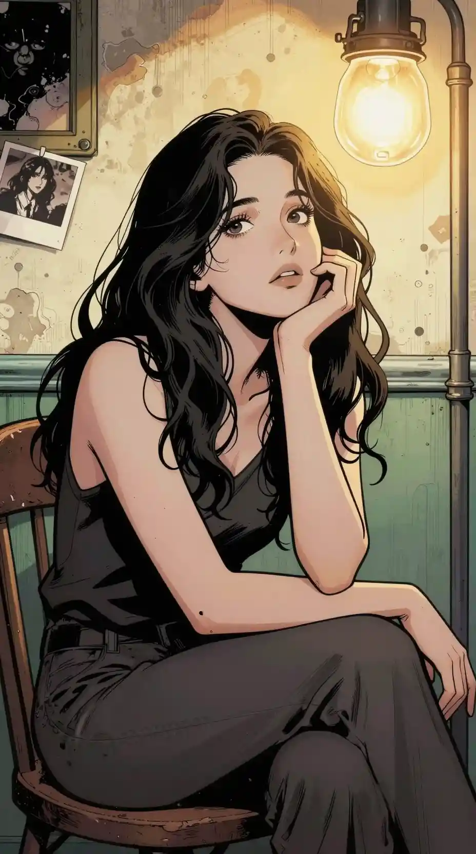 Thoughtful young woman under a warm industrial lamp