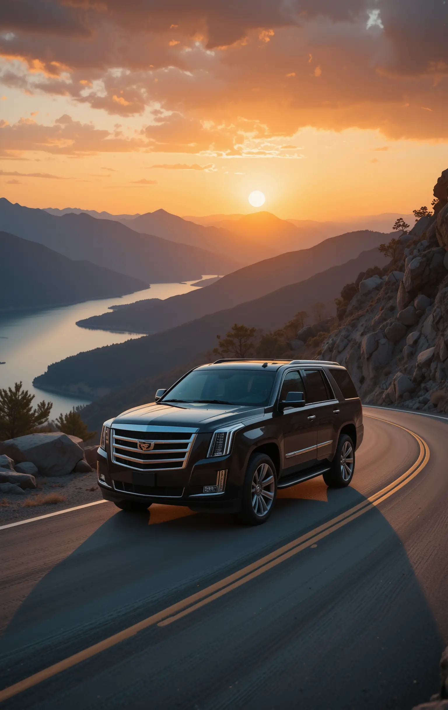 Luxury suv on winding mountain road at warm sunset