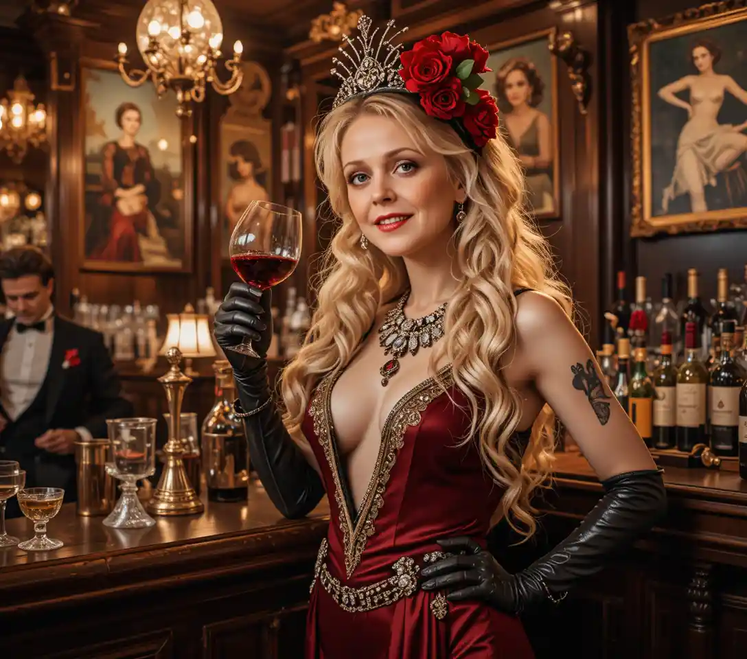 Elegant 1910s woman at hotel bar with red wine