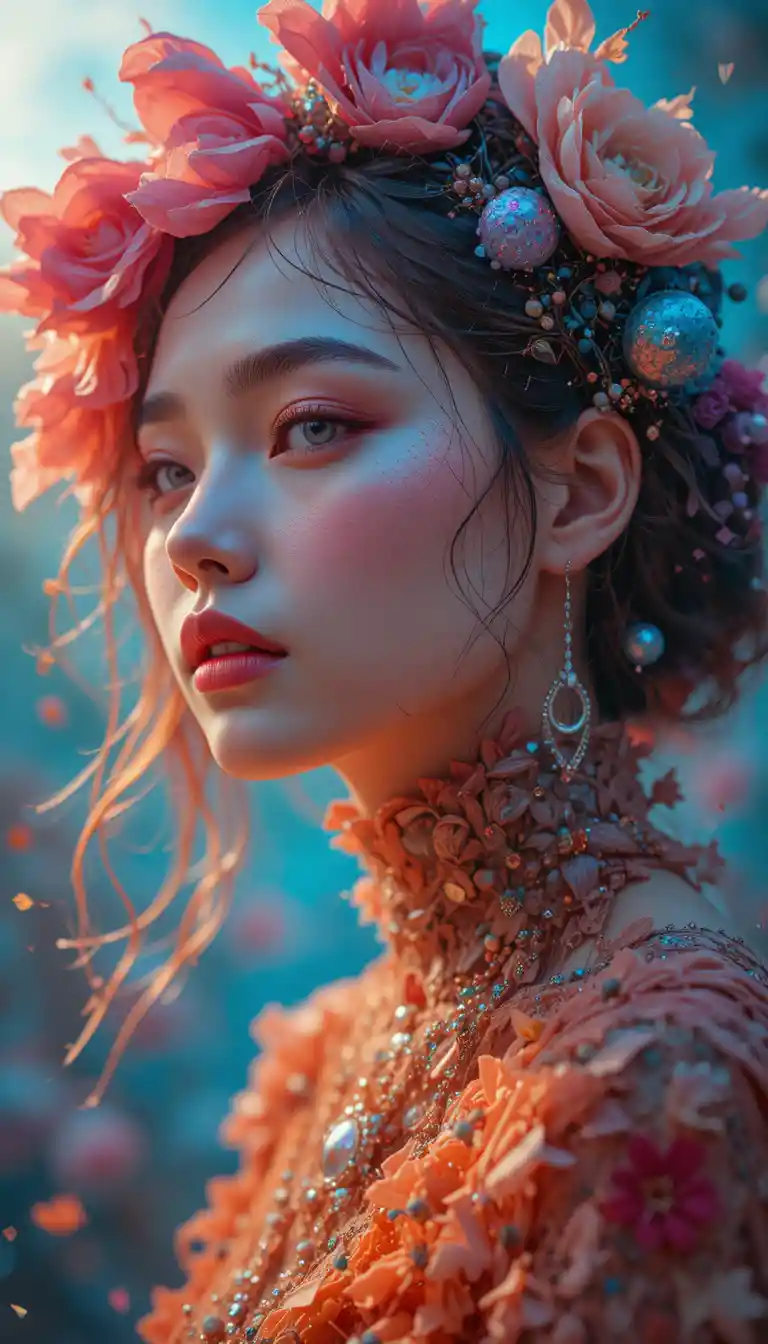 Donna di moda surreale in un vivido mondo fantasy cinematografico