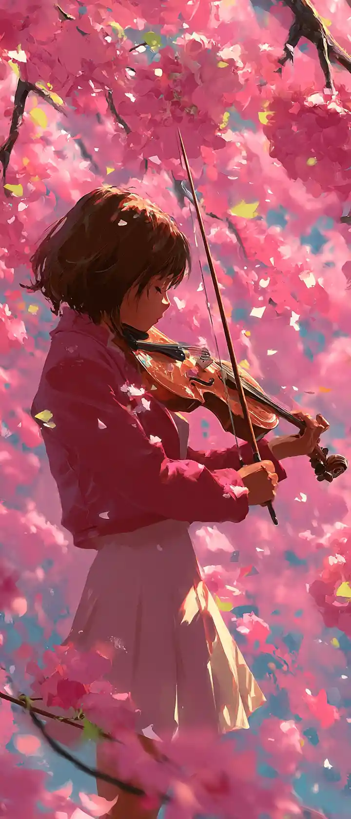 Anime violinist on a quiet Tokyo bridge with glowing petals
