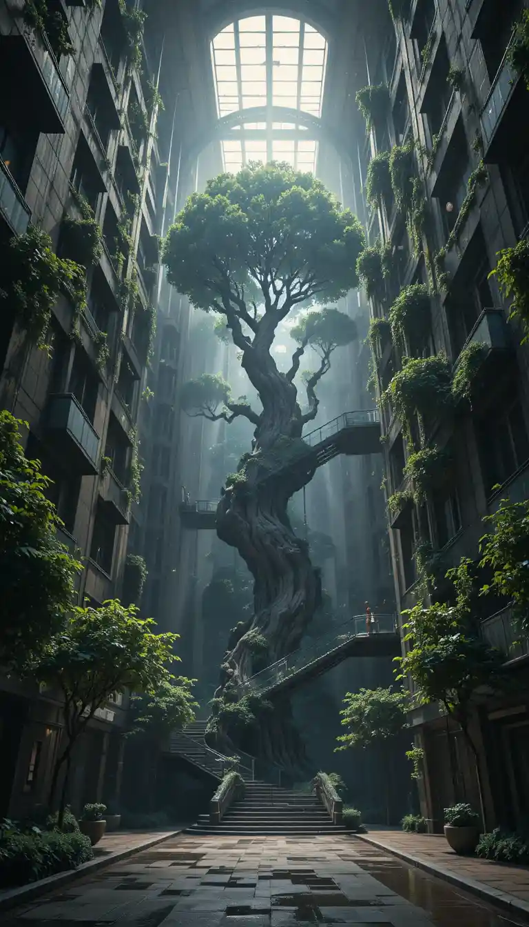 Futuristic city tower with giant tree after the rain