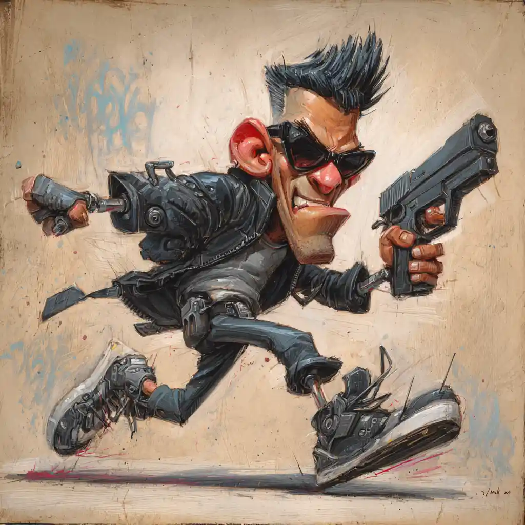 Cyborg cyberpunk che mira con una pistola in una dinamica posa a figura intera