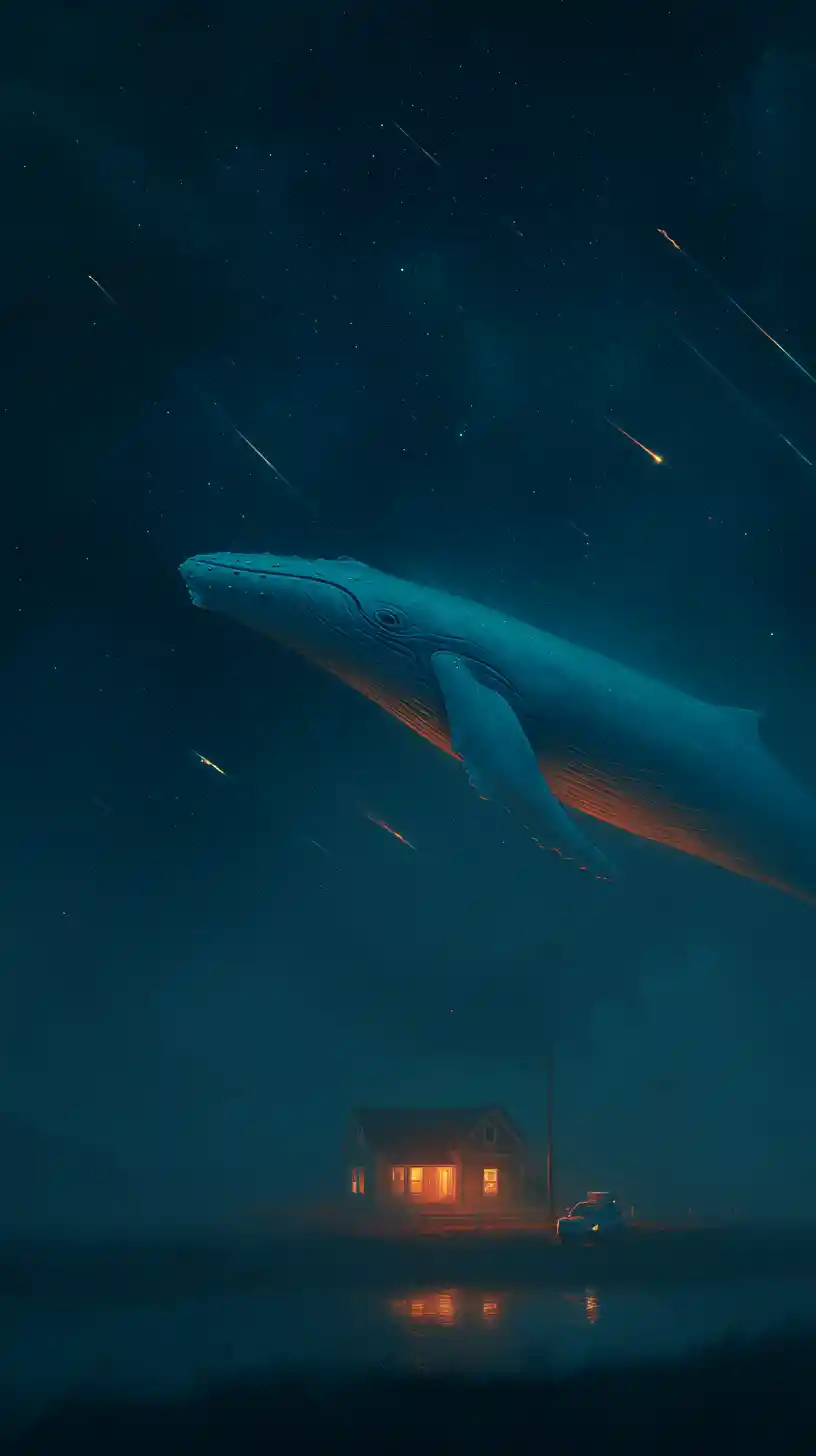 Balena blu alla deriva in un cielo notturno stellato e luminoso