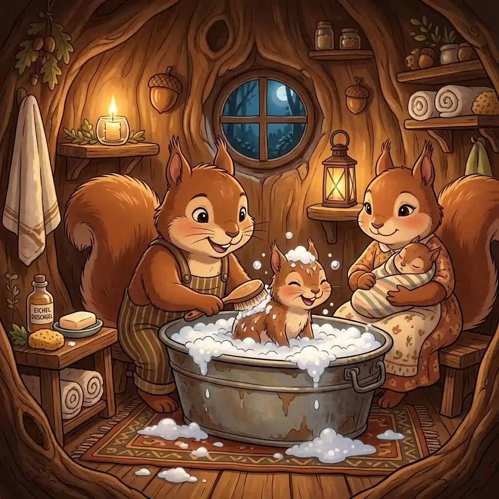 Cute anime squirrel family in a cozy treehole bath